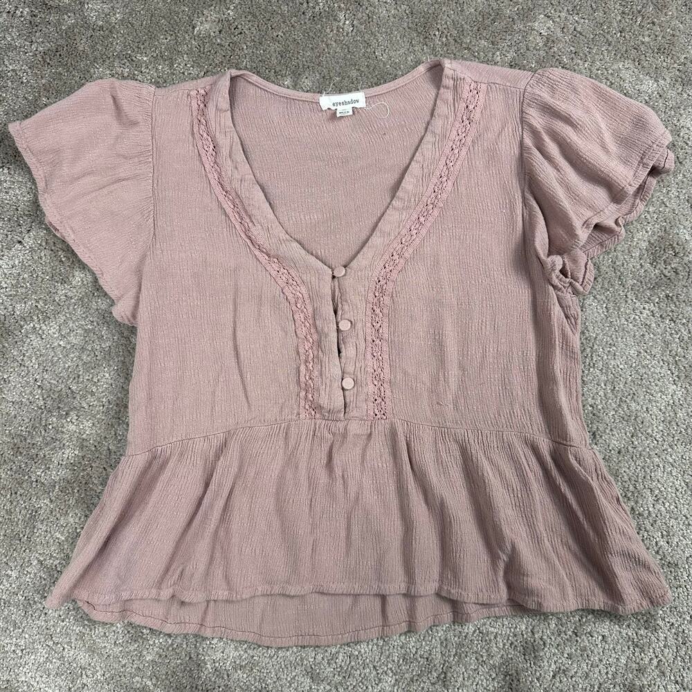 Eyeshadow Blush Pink Babydoll Top Crochet Trim Ruffle Sleeve Peplum Size M Fairy